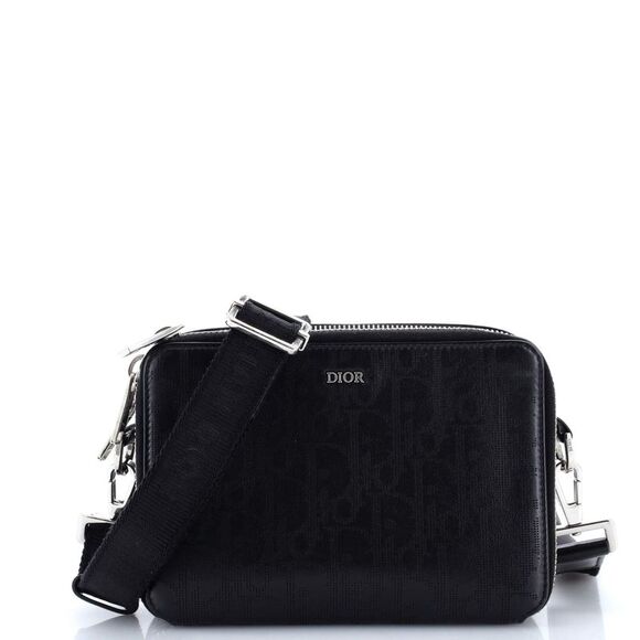 Christian Dior Double Zip Crossbody Pouch Oblique Galaxy Leather Black